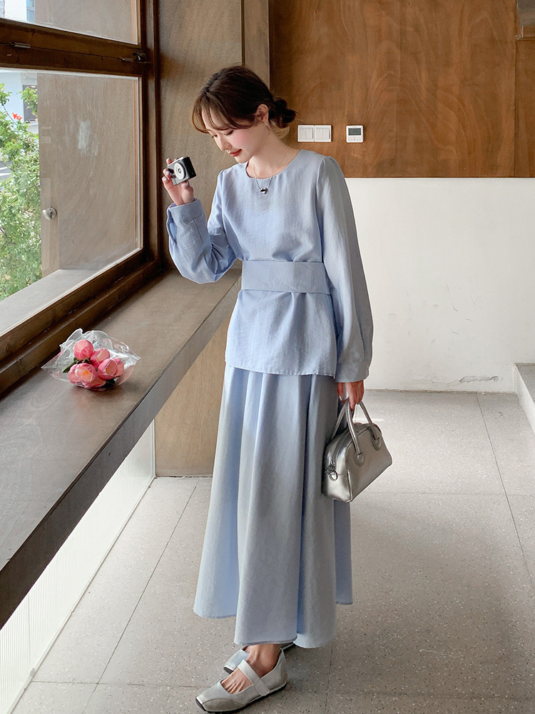 法式小香风千金感时尚套装女2025春季新款绑带衬衫半身长裙两件套,女装套装/套裙,浙宝220