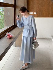 法式小香风千金感时尚套装女2025春季新款绑带衬衫半身长裙两件套，女装套装/套裙，浙宝220