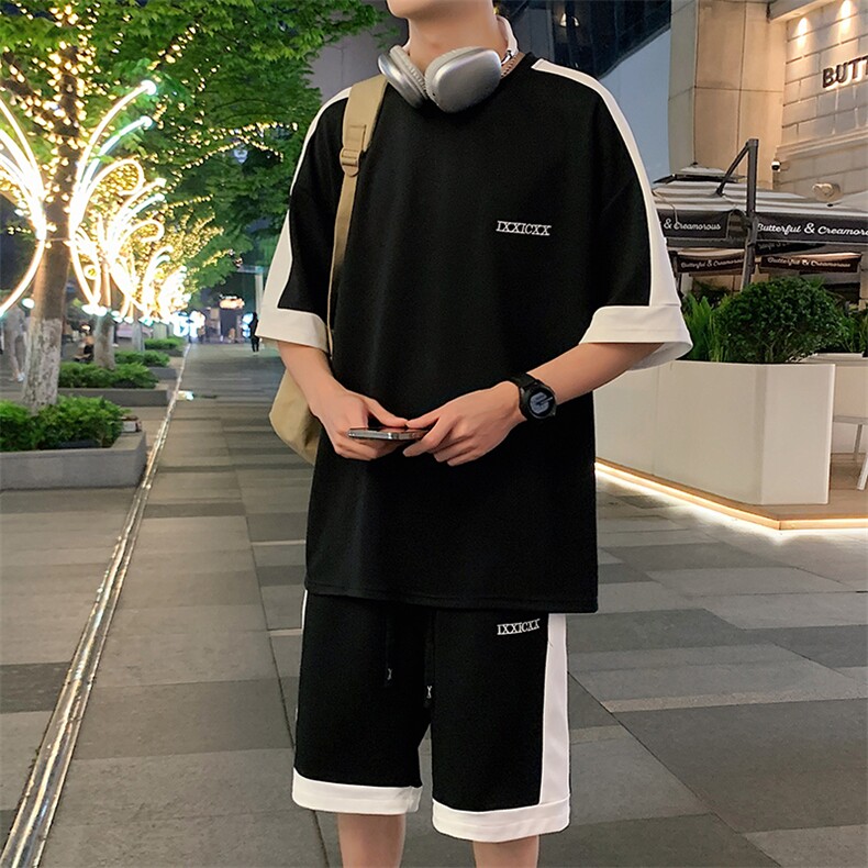 特批P37无差价夏季菠萝格拼接字母刺绣大码短袖T恤短裤男士TZ301,男装休闲套装,电商A001