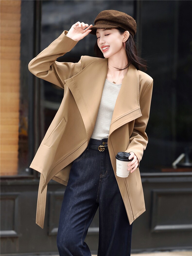 高端时尚女2026秋新款气质宽松显瘦韩版大翻领风衣外套送腰带,女装风衣,火爆靓佳人