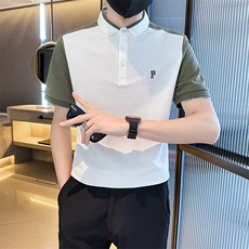 主推C60035拼接刺绣翻领短袖T恤Polo衫设计感半袖上衣D342-T0263，男装T恤，电商D342