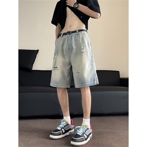 得物品质夏款男牛仔短裤破洞渐变色直筒宽松五分裤D761 P38图片
