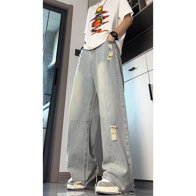 蓝色破洞弯刀牛仔裤男夏季美式高街潮牌微喇裤直筒阔腿提档长裤子,男装牛仔裤,电商A007