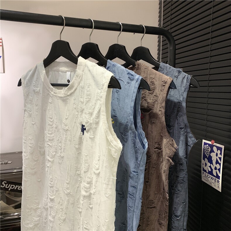 主推款！破洞冰丝背心无袖T恤男坎肩潮牌汗衫815A-BX802-P35控58,男装T恤,星座815A