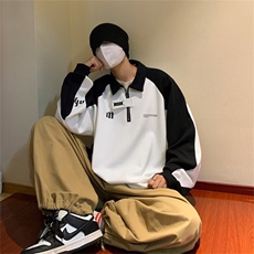 黑白撞色POLO衫卫衣男宽松休闲ins超火拼接上衣ZG09P38，男装卫衣，星座1116-2