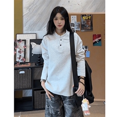 抖音得物品质美式高街重磅曼巴棉拼接cleanfit亨利领卫衣长袖T恤，男装T恤，电商A486-1