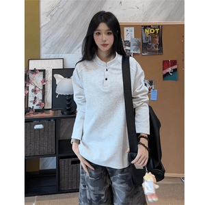 抖音得物品质美式高街重磅曼巴棉拼接cleanfit亨利领卫衣长袖T恤图片