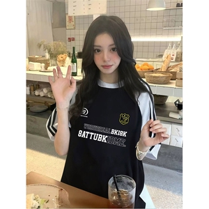 抖音得物品质二开240克宽松纯棉美式潮牌插肩三杠织带短袖T恤图片