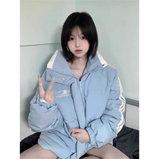 韩系蓝色棉服女2025年新款冬季宽松三条杠羽绒服加厚保暖外套棉袄，男装羽绒服，星座506A
