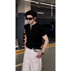 痞帅高级感黑色t恤男夏季潮牌polo衫短袖正肩设计感小众v领男上衣，男装T恤，星座506A