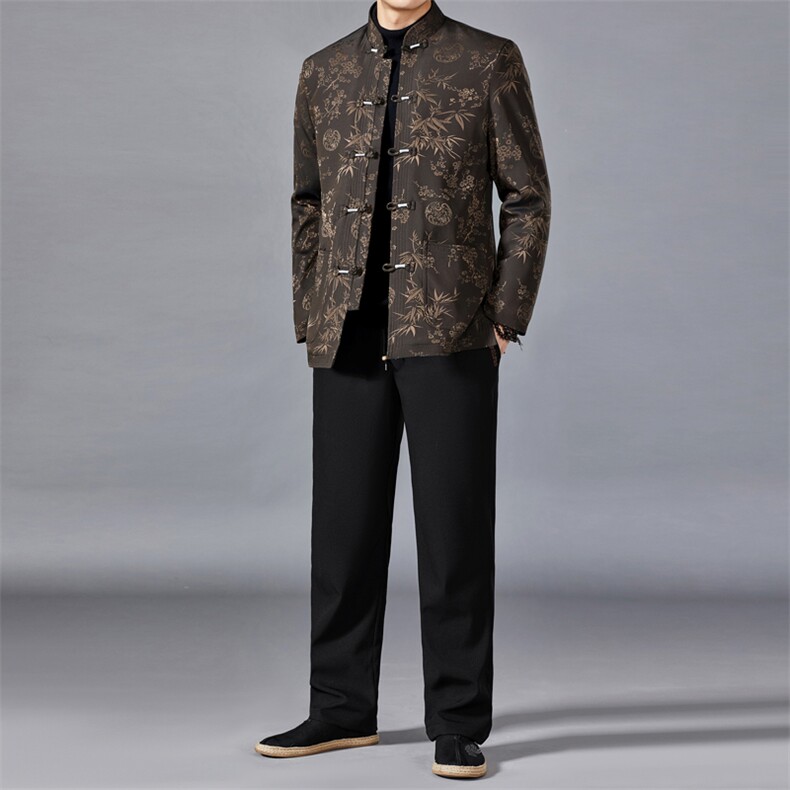 中老年男士唐装爸爸装生日礼服竹叶花加绒唐装休闲保暖汉服套装,男装棉衣,钱塘6003（原4033）