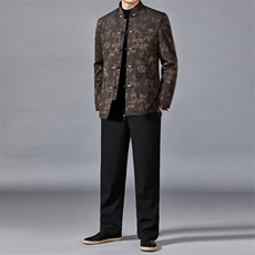 中老年男士唐装爸爸装生日礼服竹叶花加绒唐装休闲保暖汉服套装，男装棉衣，钱塘6003（原4033）