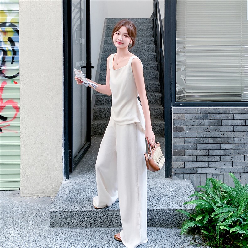 韩系白色吊带背心高腰阔腿裤两件套女2025夏季新款高级感极简气质,女装套装/套裙,2D009