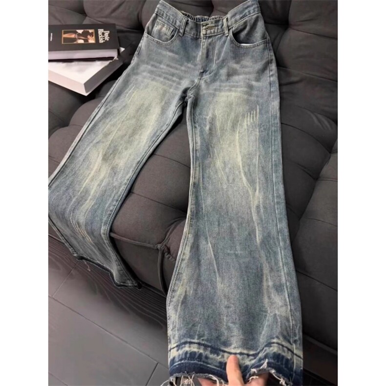 FF3445-P452025美式高街vibe水洗闪电纹微喇牛仔裤,男装牛仔裤,电商B323A
