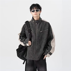 W9190-P80网图现货春季新款美式拼接PU皮夹克宽松潮牌立领外套，男装夹克，星座1608-2
