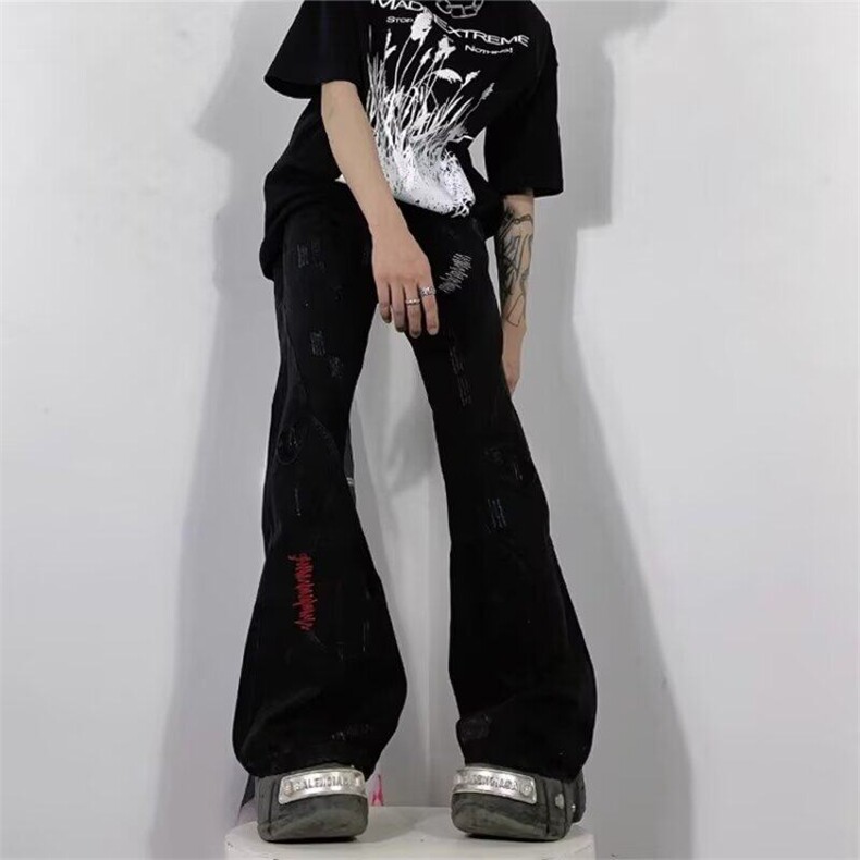 美式复古设计感刺绣拼接做旧微喇叭牛仔裤男女阔腿拖地裤子,男装牛仔裤,星座506