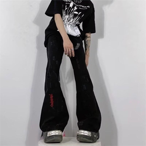 美式复古设计感刺绣拼接做旧微喇叭牛仔裤男女阔腿拖地裤子图片