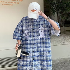 格子短袖衬衫男夏季日系复古宽松休闲五分袖衬衣美式高街潮牌外套，男装衬衫，星座410-7