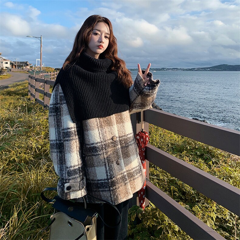 新款毛呢外套配围脖格子大衣7325-P230-K318,女装毛呢外套,2C109