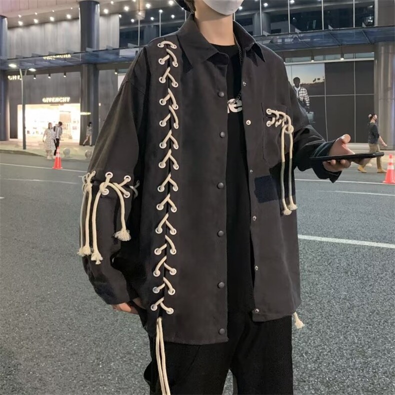 新款衬衫潮流慵懒男高街机能重工绑绳衬衫T7025P60图片
