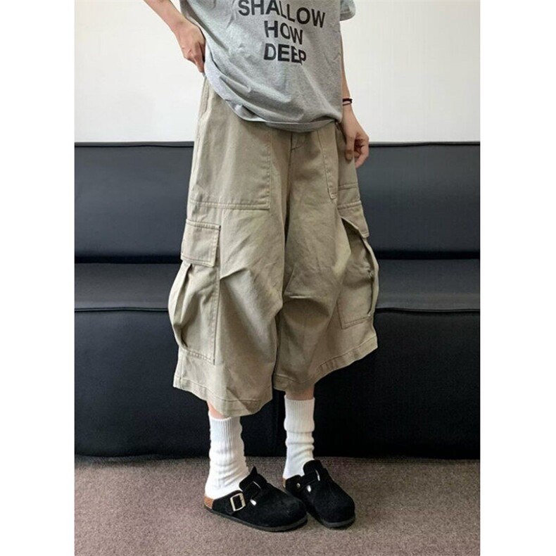 褶皱多口袋七分裤男款夏季宽松伐木阔腿工装裤短裤子 KD359图片