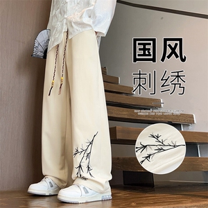 217-2-NK91-P35加绒P45 新中式风刺绣加绒加厚直筒休闲裤男长裤图片