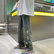 夏季潮牌泼墨破洞牛仔裤男生宽松直筒乞丐裤潮流长裤子N7104-P45，男装牛仔裤，星座1008-2