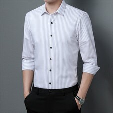 春秋季无痕长袖衬衫男士高端条纹中年衬衣休闲爸爸寸衫薄款，男装卫衣，电商B212（原钱塘6029）