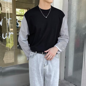 新款男士拼接条纹长袖套头针织毛衣修身弹力百搭休闲上衣男B48