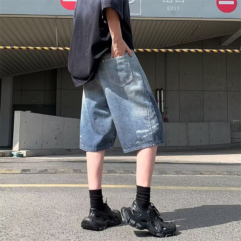 美式设计感七分裤夏季新款2025满印挂饰阔腿街头宽松直筒中裤潮,男装牛仔裤,星座410-6（原星座1304-1）