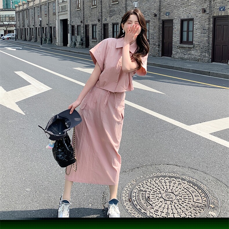 韩系粉色工装套装女夏2024新款冷淡风盐系套装裙两件套御姐炸街,女装套装/套裙,纯色衣恋