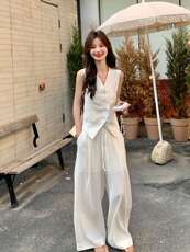 老钱风白色西装马甲阔腿裤套装女夏流行两件套巨好看大方得体ootd，女装套装/套裙，莘蕾