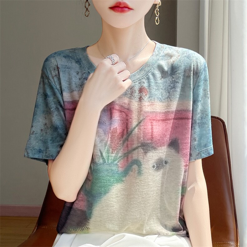 2025年秋季新款女士刺绣短袖百搭,女装T恤,绒宛羊绒