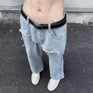 蓝色牛仔裤美式高街vibe风裤子男潮牌复古毛边宽松直筒裤Q166-p52图片