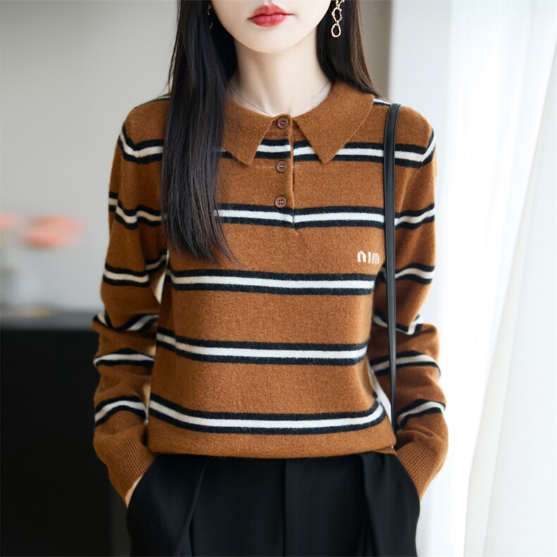 新款100纯羊毛衫女POLO领条纹打底宽松显瘦上衣秋冬撞色翻领毛衣,女装羊毛衫,大美人包芯纱店