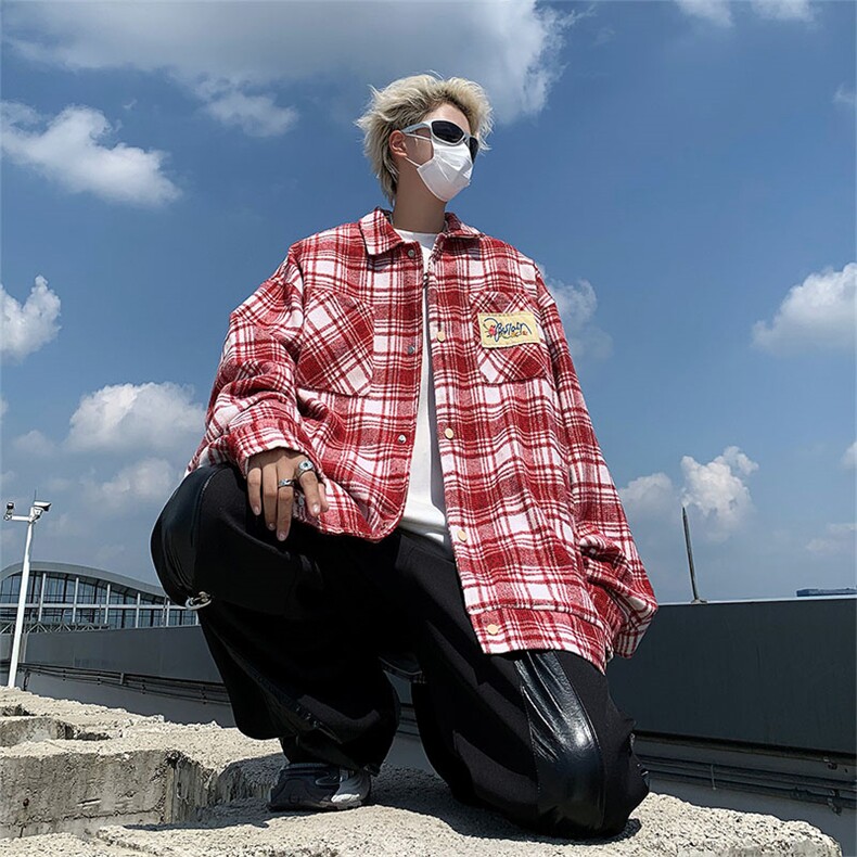美式复古高街格子外套男早秋高级感小众贴布刺绣情侣上衣1377-p45图片