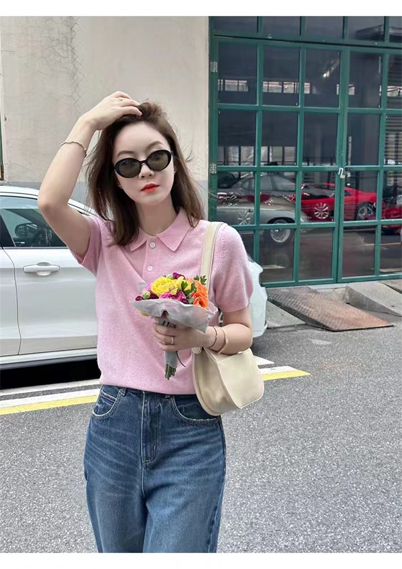 德国扬子纱细羊毛短袖女POLO衬衣领夏季薄款百搭针织T恤半袖上衣,针织衫/毛衣,千御纺羊绒