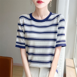 2025夏季舒适时尚百搭条纹冰丝针织短袖女圆领宽松显瘦上衣女t恤图片