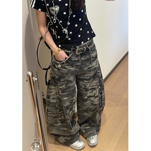 美式迷彩工装牛仔裤女辣妹爵士舞hiphoP高街弯刀阔腿裤子 KB146图片