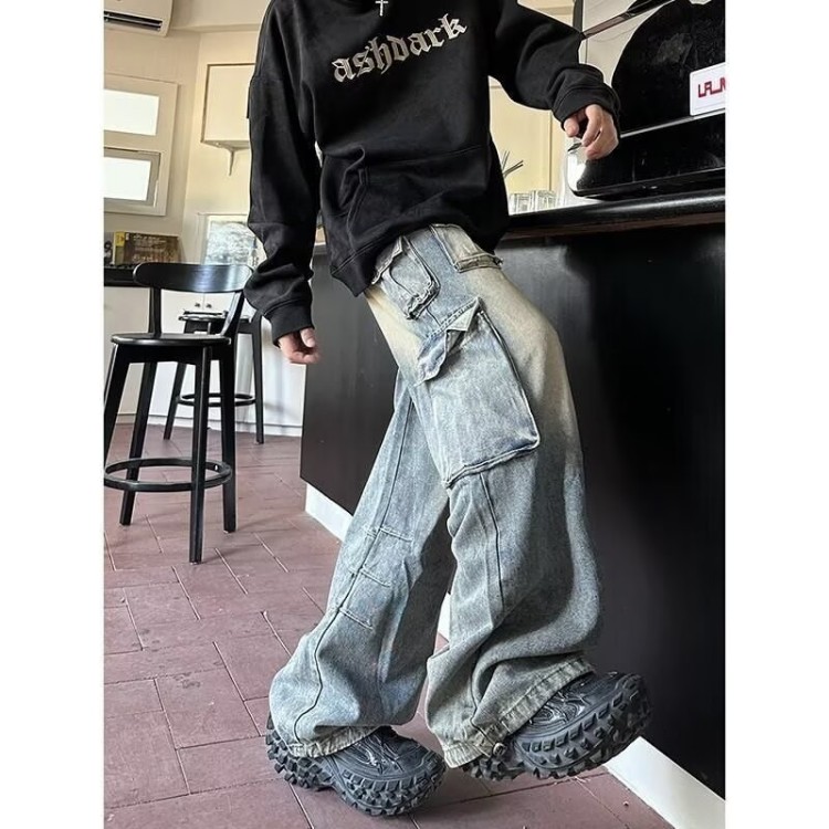 多口袋工装牛仔裤男痞帅水洗做旧潮宽松阔腿裤男 网图NZK362-P68图片