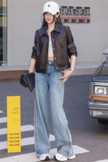 BAO欧货翻领PU皮衣外套女2025新款春秋短款超好看机车服水洗夹克，女装皮衣，江南女神
