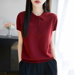 冰丝针织POLO领短袖T恤女2025夏轻薄凉感气质翻领正肩上衣t恤小衫图片