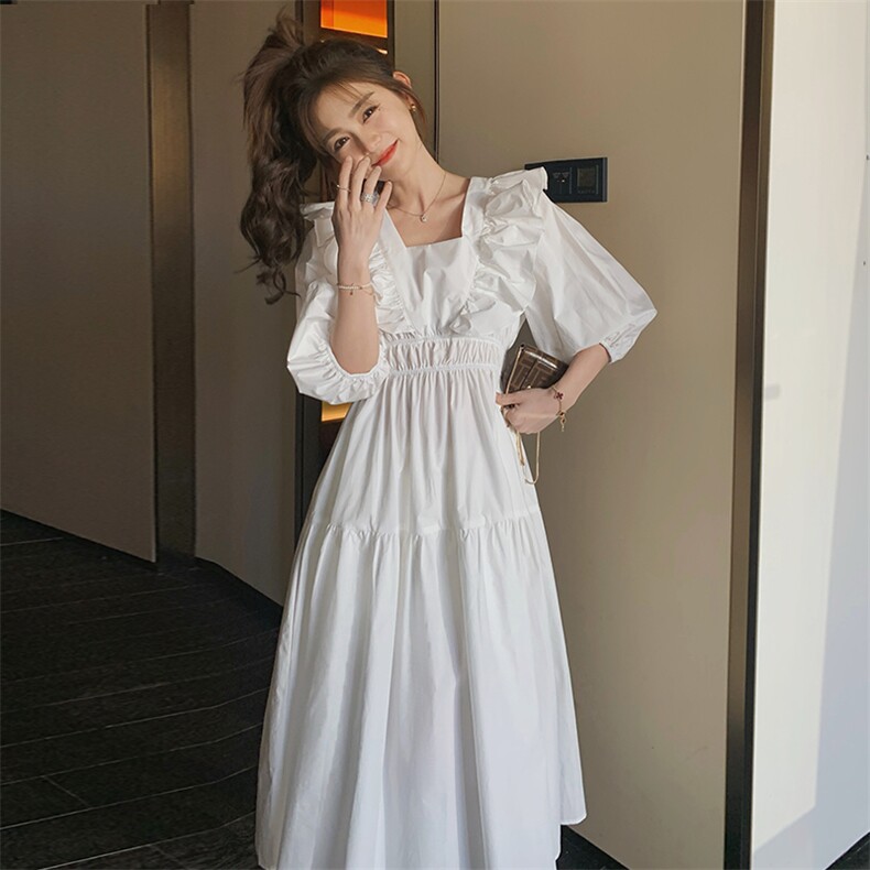 白色泡泡袖设计感棉麻休闲连衣裙女2025夏季新款法式收腰显瘦裙子图片