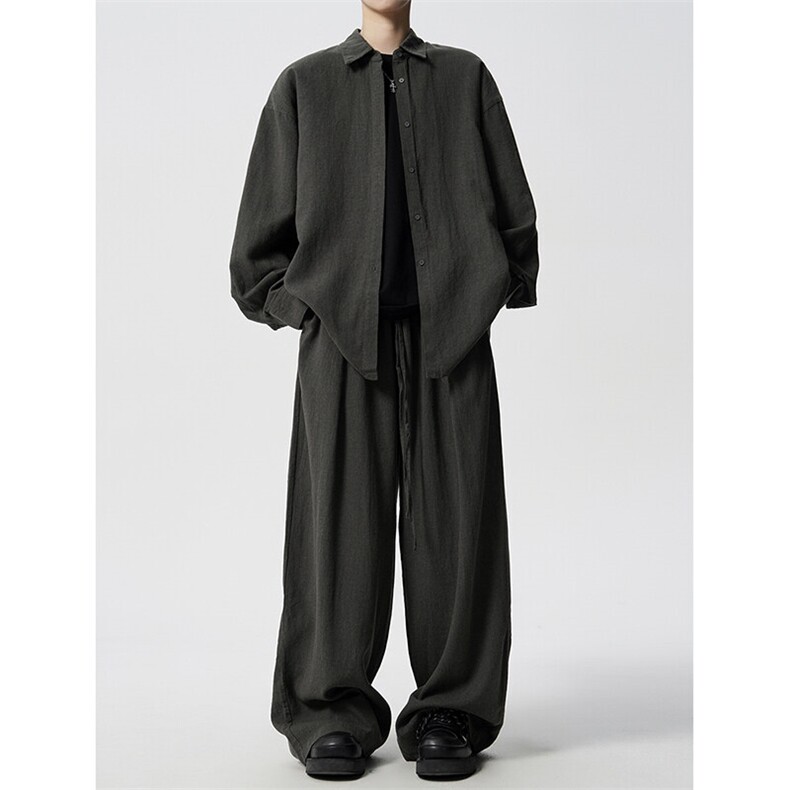 8XL-M麻天丝套装慵懒宽松衬衫抽绳阔腿裤夏季薄款防晒衣男TZ111,男装休闲套装,电商D206-1