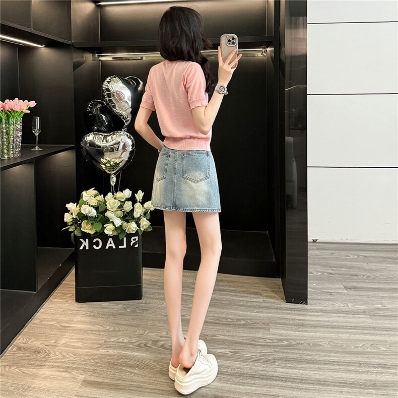 潮牌时尚休闲套装女夏季新款圆领彩色纽扣针织衫短袖牛仔裙两件套,女装套装/套裙,江南