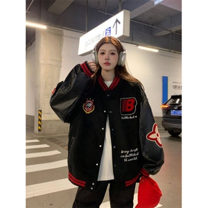 A521-P82 徽章拼接撞色棒球服外套男女复古百搭宽松夹克上衣服图片