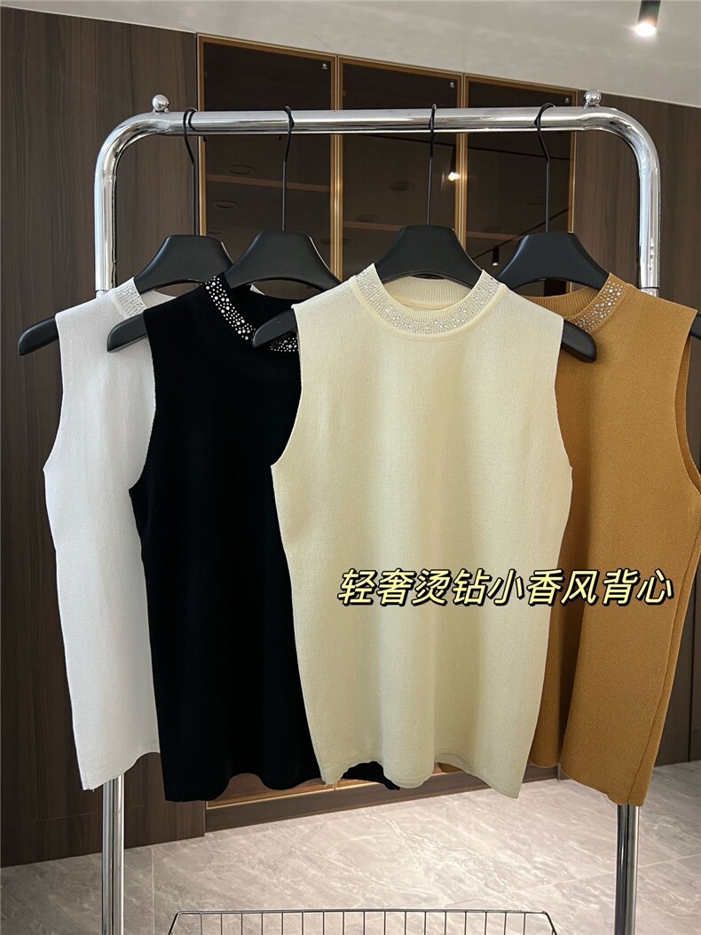 镶钻坎袖背心女春夏2025新款无袖上衣外穿圆领吊带，女装背心吊带，沐策羊绒