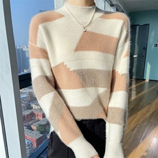 长袖套头2024年秋季半高圆领拼色时尚羊毛针织衫，女装羊毛衫，德晨羊绒