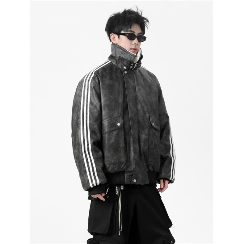 自拍无影墙男模品质pu皮保暖三条杠棉衣KD188-P145,男装皮衣,电商A466