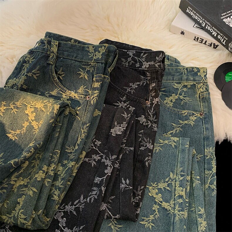 荆棘提花牛仔裤美式高街vibe裤子男款水洗直筒微喇弯刀裤,男装牛仔裤,星座410-7